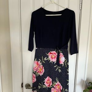 Full length navy blue and floral dress